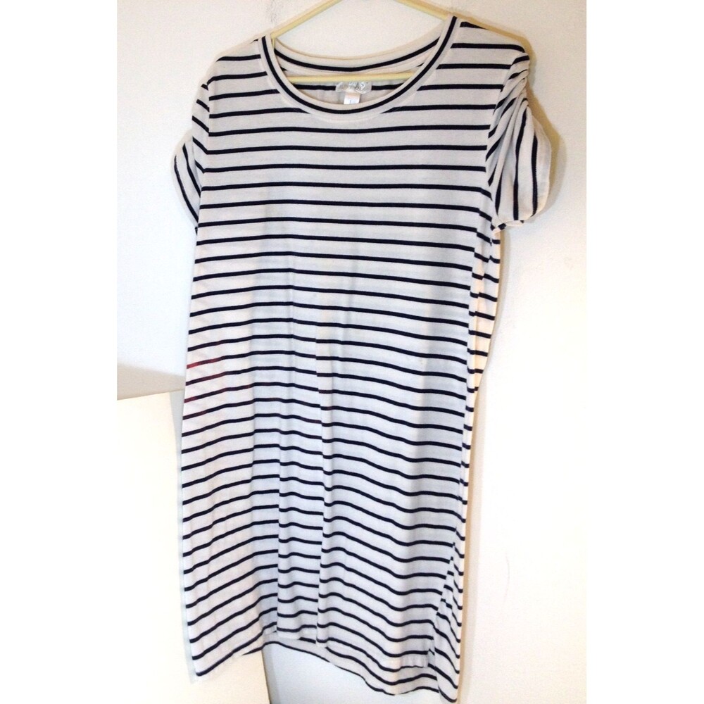 Just Be Women's White & Navy Blue Dress Size L Short Cap Sleeve Stripes Stretch